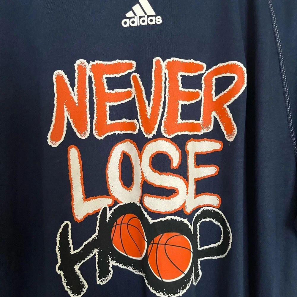 Adidas Blue and Orange Short Sleeve Tee with Graphic Design Never Lose Hoop.